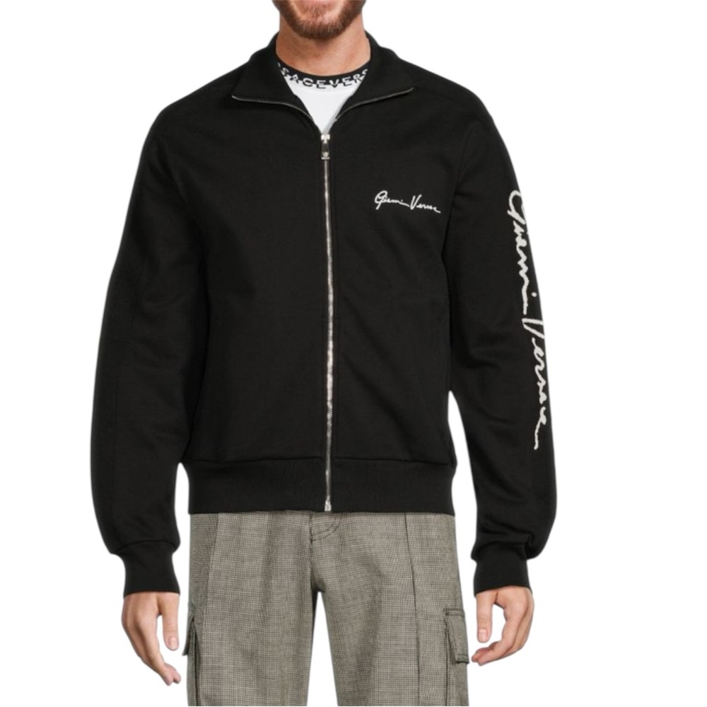 Versace Men’s Black And White Sleeve Logo Full Zip Collared Jacket Size Médium